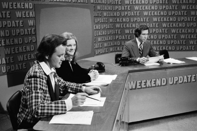 Saturday Night Live Episode 11 — Pictured: (l-r) Bill Murray, Jane Curtin, Chevy Chase during ‘Weekend Update’ on February 18, 1978. Photo by: NBC/NBCU Photo Bank via Getty Images
