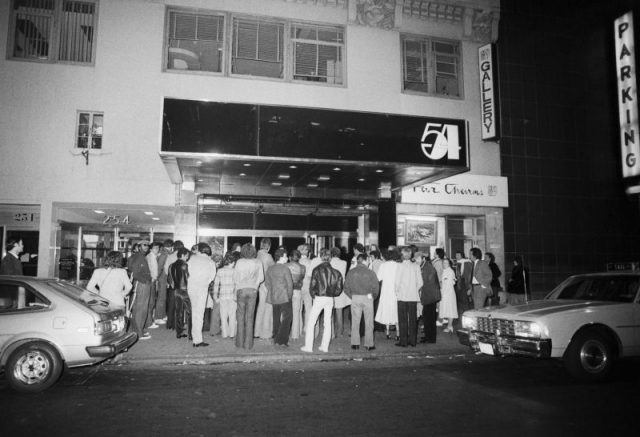 Crowd standing in front of Studio 54.