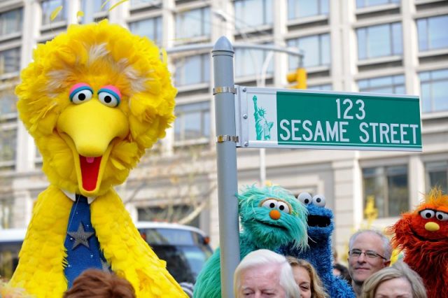 Big Bird (L) and other Sesame Street puppets. (Photo credit should read STAN HONDA/AFP/Getty Images)