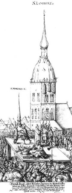 Historical drawing of the execution of the leaders of the rebellion. In the background the cages are already in place on the old steeple of St. Lambert’s Church.