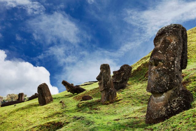 Rano Raraku Quarry is the site on the side of a dormant volcano, where all the moai on the island were carved. It was a working quarry all the way to the early 18th century. 397 moai still remain on the site at various stages of completion.