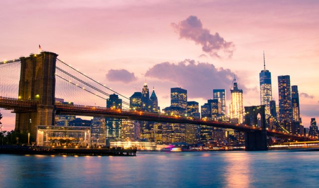 Brooklyn Bridge and Lower Manhattan in New York City, USA.