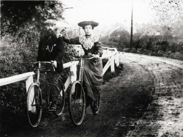 Man & woman on bicycles, Long Lane, Beverley, Yorkshire c. 1905