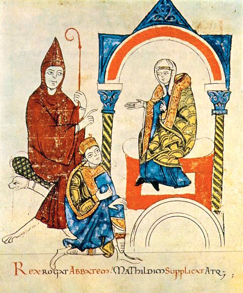 Miniature from the early 12th century manuscript of Donizo’s Vita Mathildis, emphasizing Matilda’s key role in the absolution of Henry IV at Canossa.
