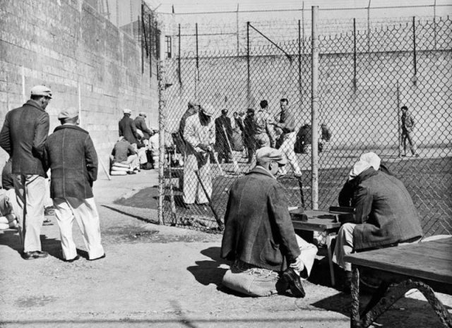 Prisoners in the Alcatraz recreation yard.