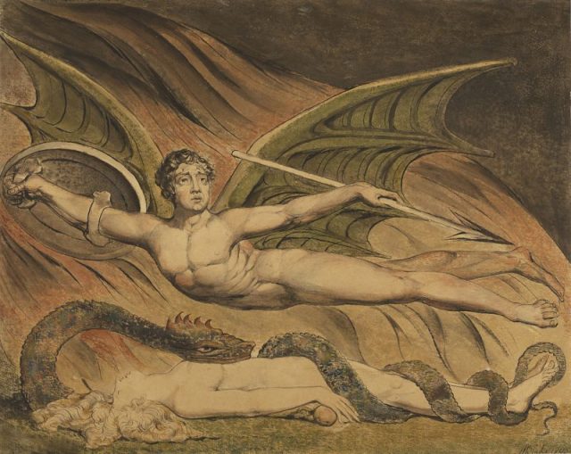 Satan Exulting Over Eve by William Blake. The subject of the bull deals with the devil and his corruption of innocents through fornication.