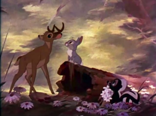 Screenshot of Bambi, Thumper and Flower from the theatrical trailer for the film Bambi.