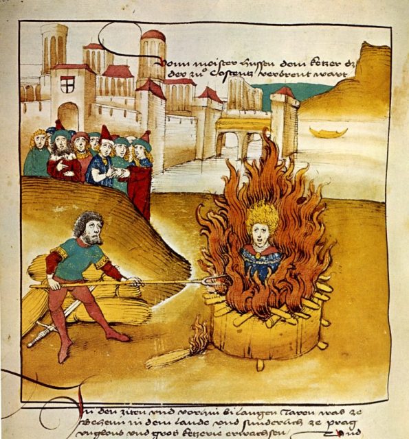 The execution of Jan Hus by burning, illustration from the Spiez Chronicle, 1485.