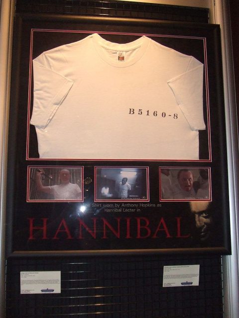 T-shirt worn by Anthony Hopkins as Hannibal Lecter in Hannibal displayed at the London Film Museum. Photo by cezzie901 CC-BY 2.0