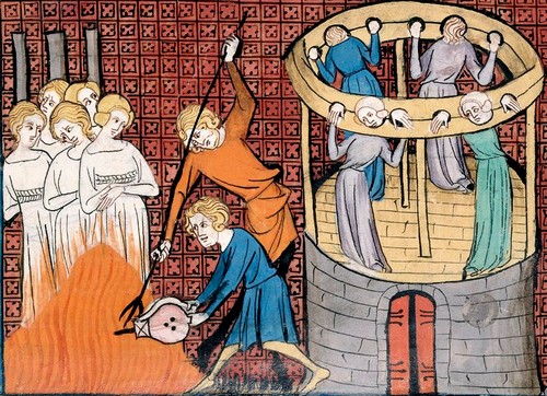 Medieval miniature depicting the torture and execution of witches.