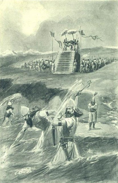 Xerxes attending the lashing and “chaining” of the Hellespont (Illustration from 1909).