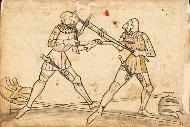 Armored longsword combatants wearing roundel daggers as backup weapons (Plate 214, Codex Wallerstein, 15th century).