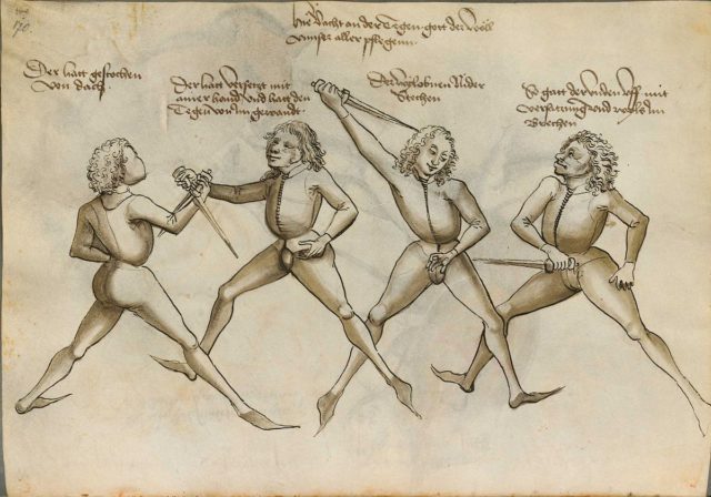 A scan of the historical Fechtbuch (‘fencing book’) by German fencing master Hans Talhoffer (1467), where rondel type of daggers can be seen.