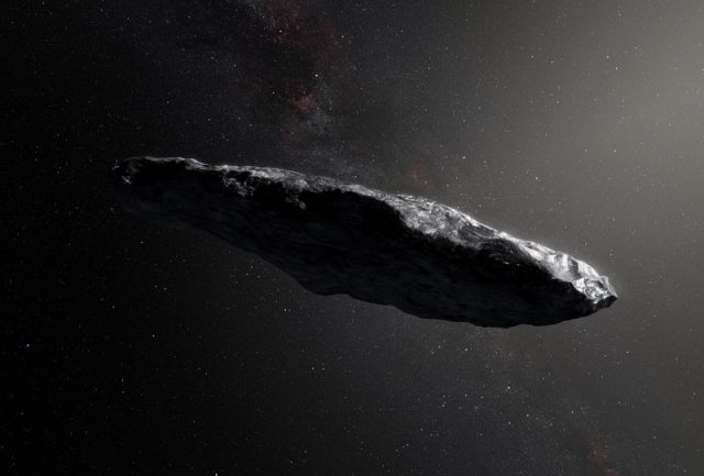 This artist’s impression shows the first interstellar asteroid, `Oumuamua’. Photo by ESO/M. Kornmesser CC BY SA 4.0