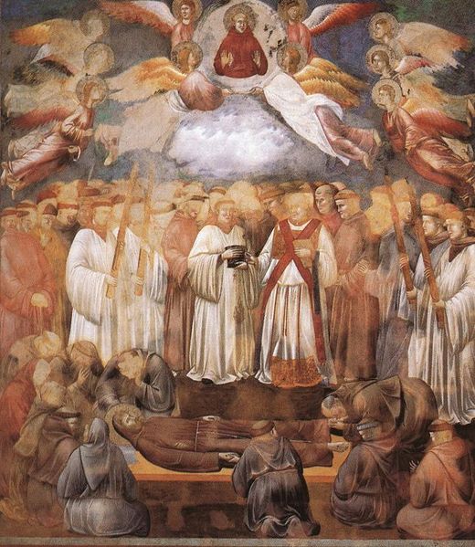 The death of St Francis. The face of the devil can be seen at the right side of the clouds in the middle of the fresco.