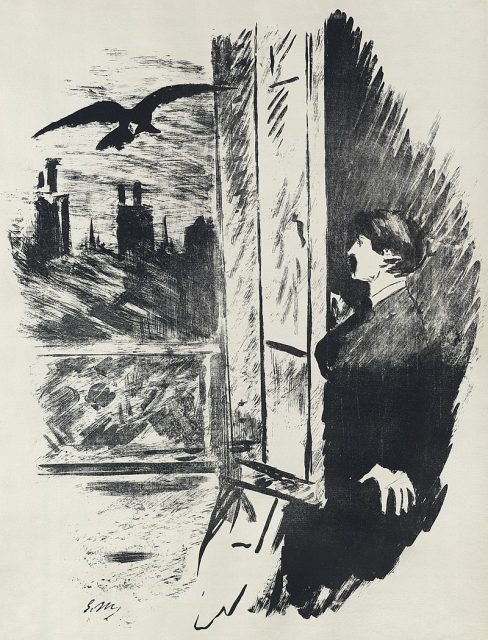 Manet’s illustration of the raven flying through the window.