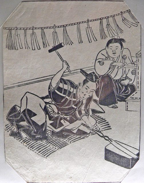 Blacksmith scene, print from an Edo period book, Museum of Ethnography of Neuchâtel.