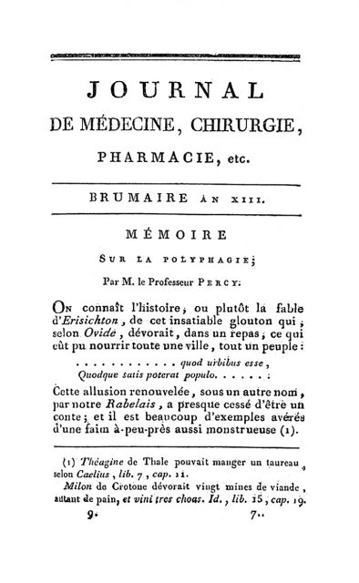 Baron Percy’s original paper on Tarrare’s medical history, Mémoire sur la polyphagia, 1805.