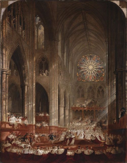 Coronation of Queen Victoria by John Martin, depicting the Queen advancing to the edge of the platform to meet Lord Rolle.
