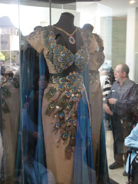 The film’s Academy Award-winning costumes include this peacock gown and cape designed by Edith Head and worn by Delilah (Hedy Lamarr) at the Temple of Dagon.