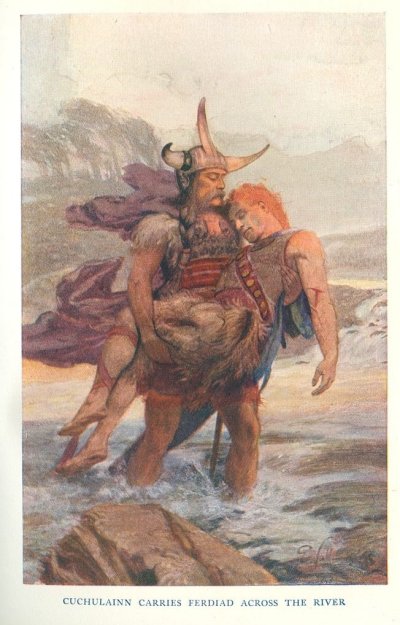 “Cuchulainn Carries Ferdiad Across the River”, illustration by Ernest Wallcousins from Charles Squire, Celtic Myths and Legends, 1905