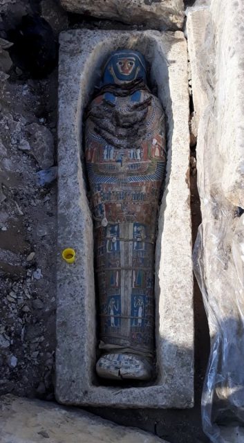 A pharaonic-era mummy is seen in Giza, Egypt on November 27, 2018. Photo by Egyptian Ministry of Antiquities / Handout/Anadolu Agency/Getty Images
