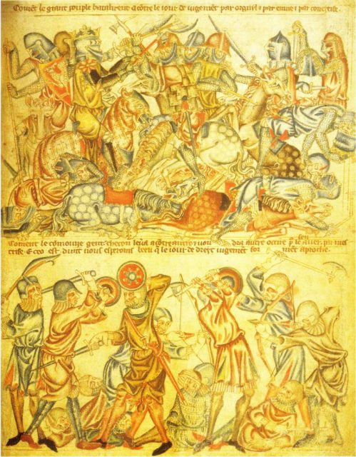 Holkham Bible depiction of the Battle of Bannockburn (1314).