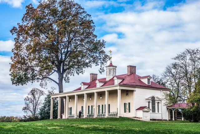Fairfax County, Virginia, in 2012: Mount Vernon, home of President George Washington. Large pecan tree to the left almost dwarfs the stately mansion, facing the Potomac River.