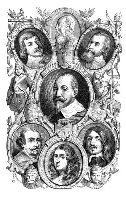 Illustration of a Swedish Emperors: Gustav Vasa, Gustav Adolf, Dronning Christine, A. Oxenstierna, Charles Gustav, Charles IX, Torstenson