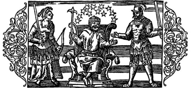 16th century depiction of Norse gods from Olaus Magnus’s A Description of the Northern Peoples; from left to right, Frigg, Thor, and Odin.