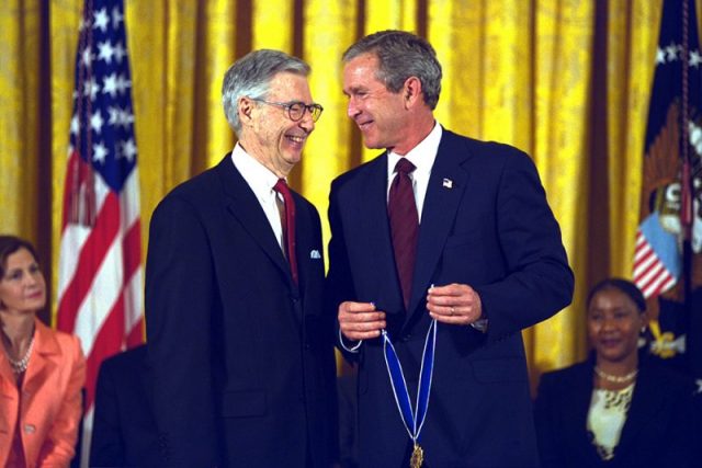 Rogers being presented the Presidential Medal of Freedom by President George W. Bush in the East Room of the White House on July 9, 2002.