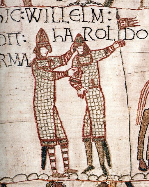 Scene from the Bayeux Tapestry whose text indicates William supplying weapons to Harold during Harold’s trip to the continent in 1064.