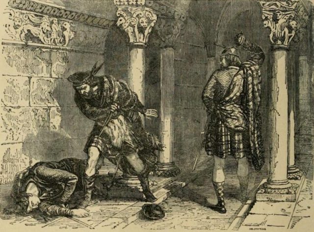 The killing of Comyn in the Greyfriars church in Dumfries, as imagined by Felix Philippoteaux, a 19th century illustrator.