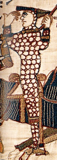 William as depicted in the Bayeux Tapestry during the Battle of Hastings, lifting his helm to show that he is still alive.