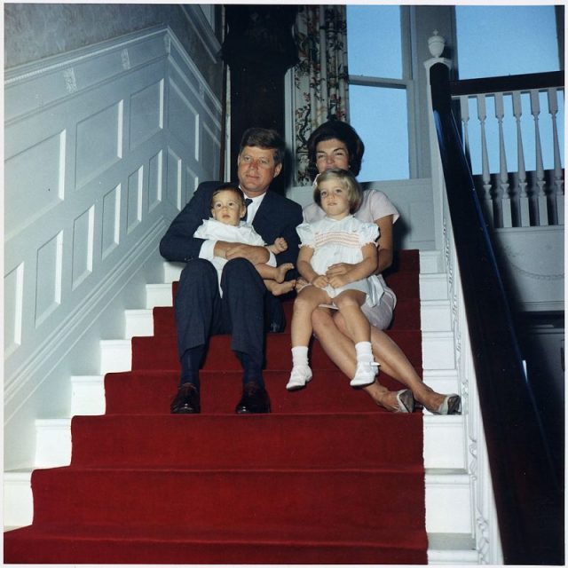 President Kennedy and family. President Kennedy, Mrs. Kennedy, John F. Kennedy, Jr., Caroline Kennedy.