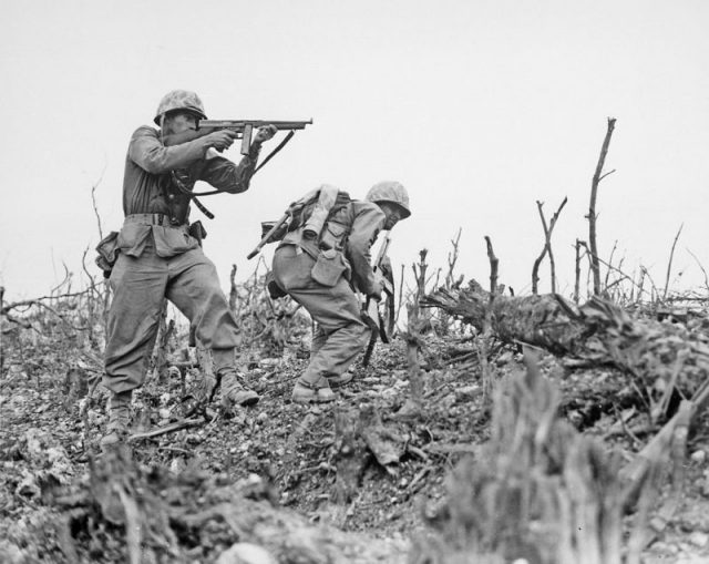 Marines of 1st Marine Division fighting on Okinawa, 1945.