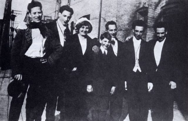 The only known photo of all five Marx brothers with their parents in New York City, 1915. From left: Groucho, Gummo, Minnie (mother), Zeppo, Frenchie (father), Chico, and Harpo.