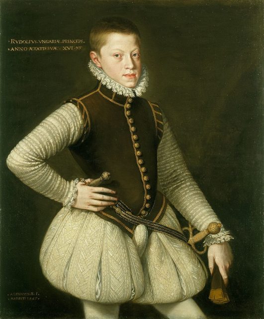 Archduke Rudolf, the later Rudolf II, Holy Roman Emperor. He is wearing pumpkin hose (pluderhose) with a codpiece.