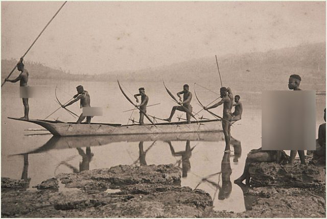 Members of an unspecified Andaman tribe fishing c. 1870