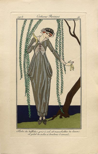 Costumes Parisiens Fashion illustration No.91 from Journal des dames et des modes, 1913 – Robe de taffetas gris by George Barbier