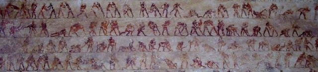 Detail of the wrestling scenes in tomb 15 (Baqet III) at Beni Hasan.