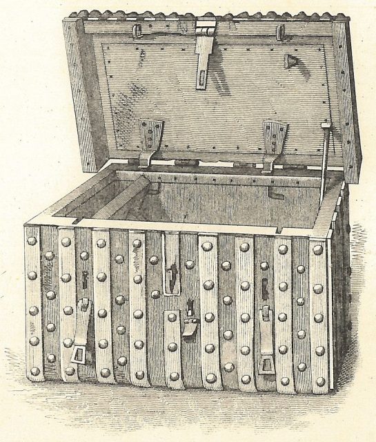 Domesday chest, the German-style iron-bound chest of c.1500 in which Domesday Book was kept in the 17th and 18th centuries.
