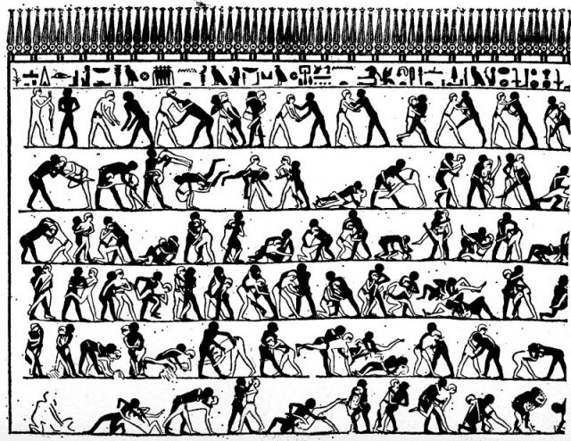 An Egyptian burial chamber mural, from the tomb of Baqet III dating to around 2000 BC, showing wrestlers in action.