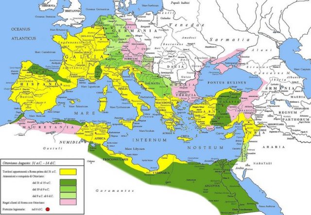 Extent of the Roman Empire under Augustus. Yellow represents the extent of the Republic in 31 BC, while green represents gradually conquered territories under the reign of Augustus, and pink areas represent client states. Photo by Cristiano64 CC BY-SA 3.0
