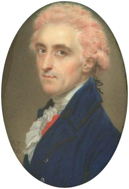 Colonel James Hamilton par John Smart (1784), portant une perruque blanche poudrée de poudre de couleur rose.
