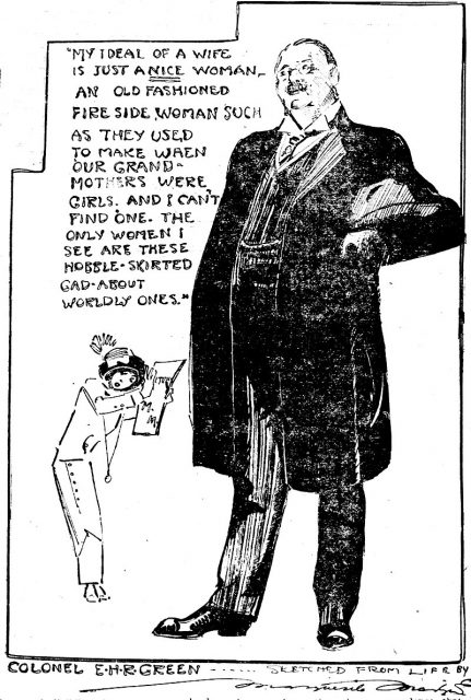 Journalist Marguerite Martyn drew this sketch of herself wearing a hobble skirt while interviewing millionaire Edward Howland Robinson Green in 1911, with a quotation from him.