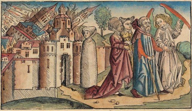 Sodom and Gomorrah from the Nuremberg Chronicle by Hartmann Schedel, 1493. Lot’s wife, already transformed into a salt pillar, is in the center.