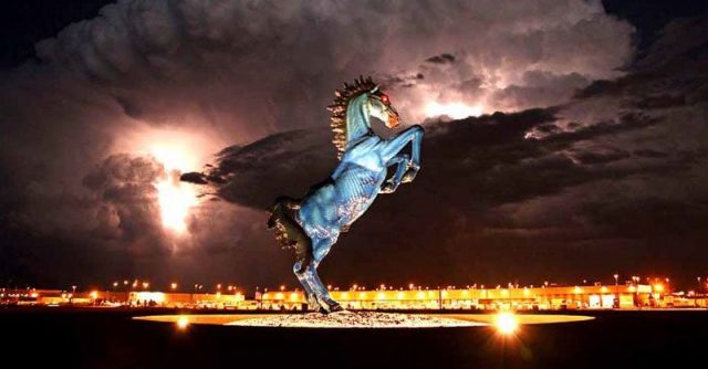 The “devil blue horse” sculpture at Denver Airport. Photo by Eric Golub CC BY 2.0