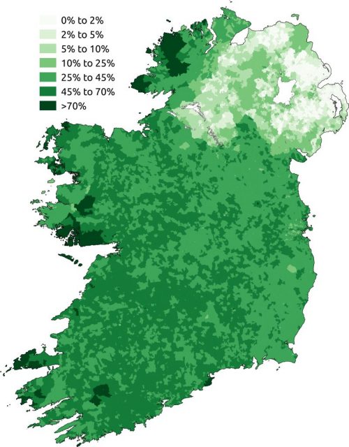 Proportion of respondents who said they could speak Irish in the Republic of Ireland and Northern Ireland censuses of 2011. Photo by SkateTier -CC BY-SA 3.0