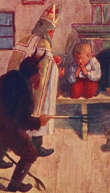 Saint Nicholas and Krampus visit a child.